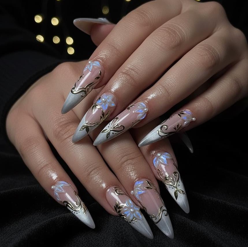 Spring Nude Blossom Pressons Nails | Dusty Mauve Floral Nails | Iridescent 3D Flower Nail Art | Gold Vine Luxury Nail Set | JB267EC