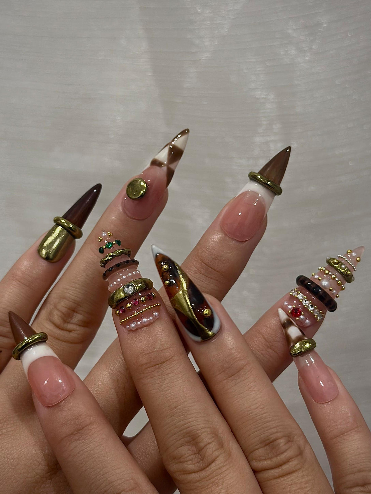 Brown Gold Luxe Press On Nails | Sculptural Ring Nail Art | Luxury Jewelry Inspired Nails | High Fashion Press Ons | Luxury Nail | JB262HK
