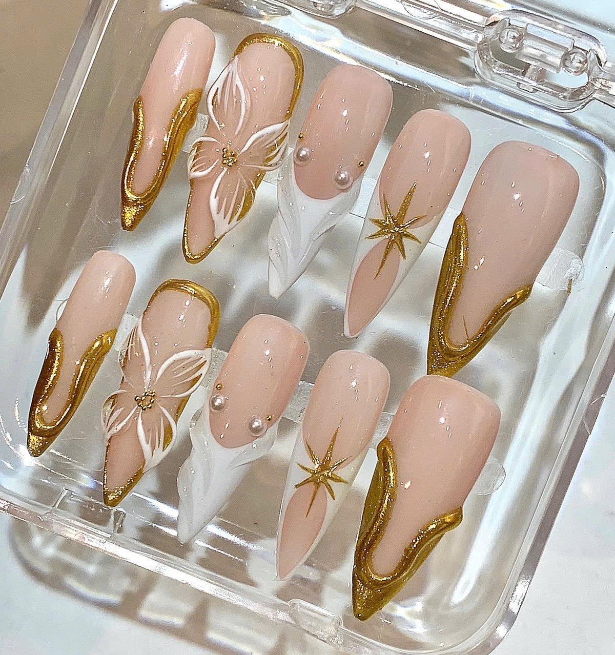 Luxury White Gold French Press On Nails - Nude Wedding Nails Set