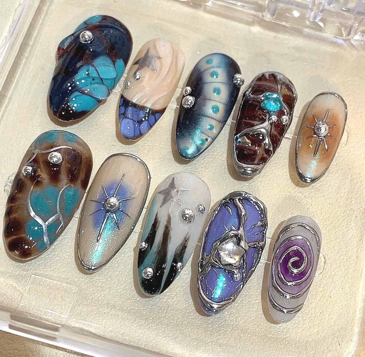 Galaxy Press On Nails: Holographic Cosmic Star Cyberpunk Nail Art