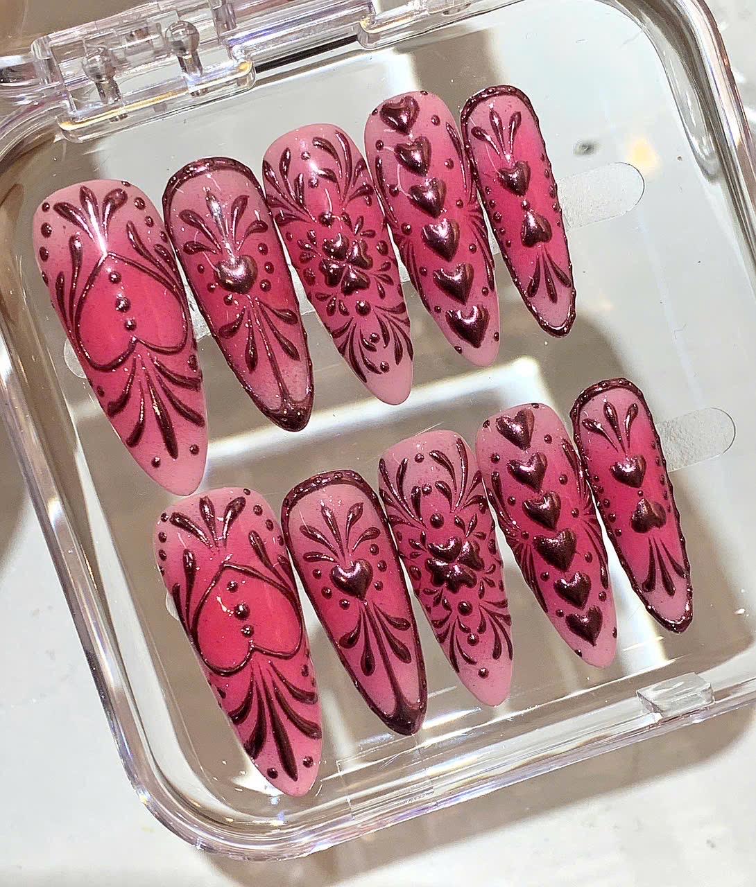 Pink Heart Press On Nails | Romantic Valentine Nail Art Set | Long Pink Ombre Nails