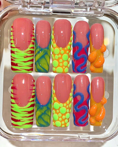 Neon Pop Press On Nails | Bright Summer Nail Art Set | 3D Funky Festival Nails