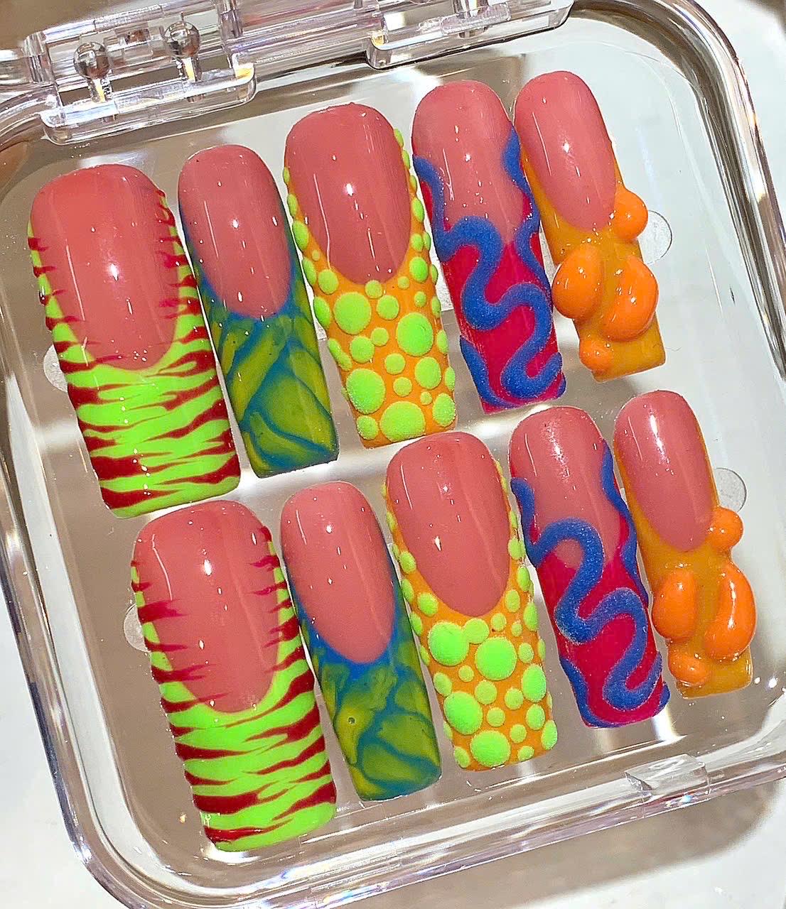 Neon Pop Press On Nails | Bright Summer Nail Art Set | 3D Funky Festival Nails