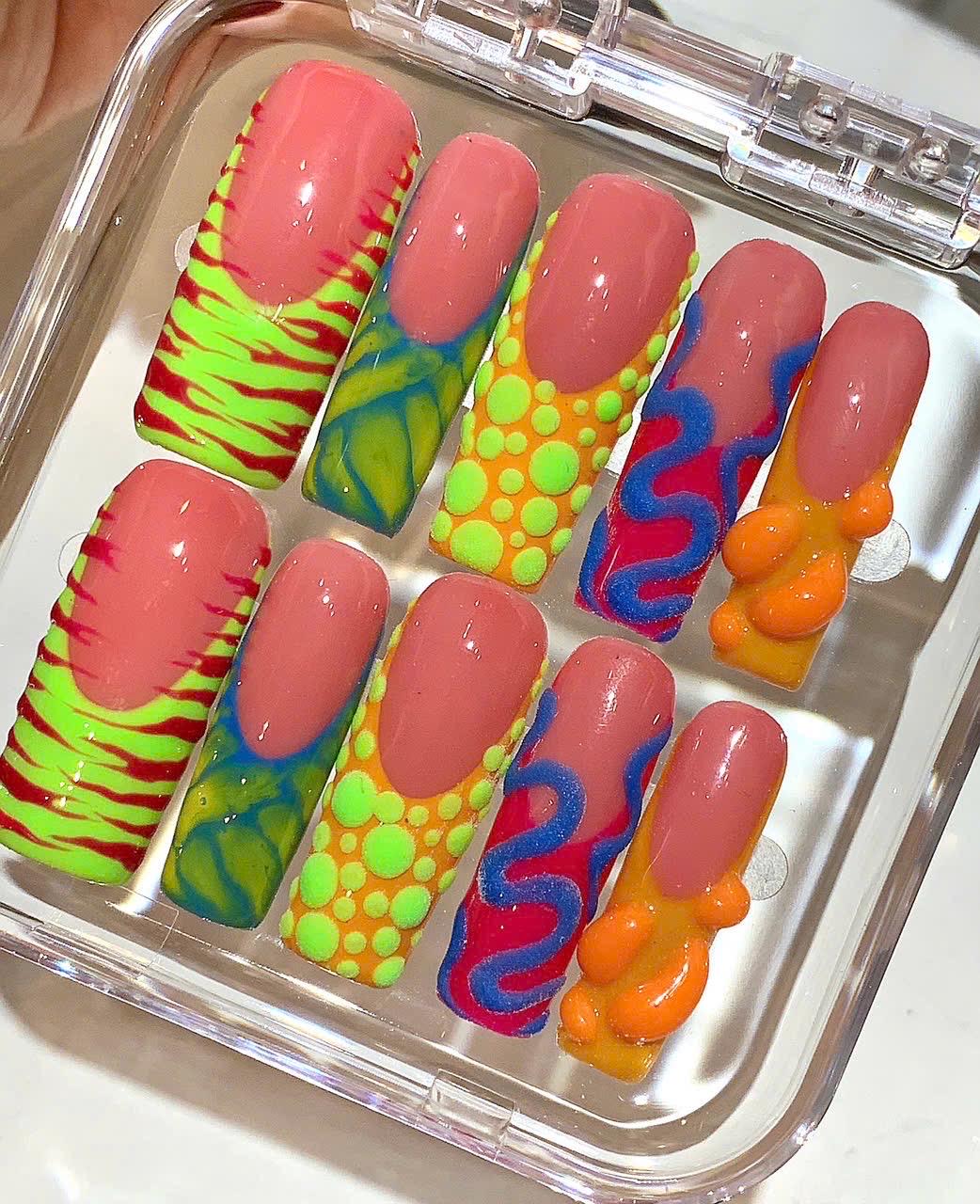 Neon Pop Press On Nails | Bright Summer Nail Art Set | 3D Funky Festival Nails