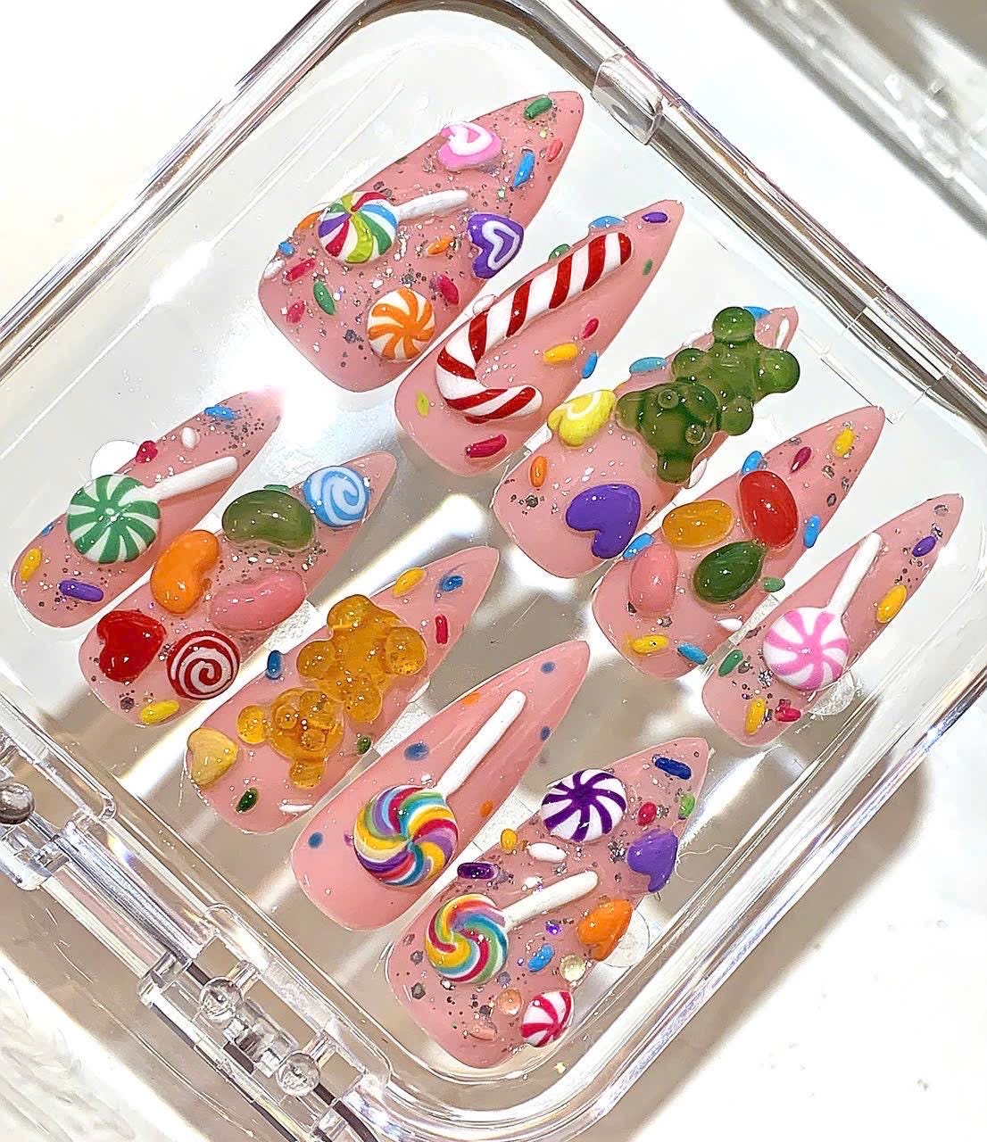 Candy Press On Nails | Gummy Bear & Lollipop Nails | Pink Sweet 3D Nail Art Set