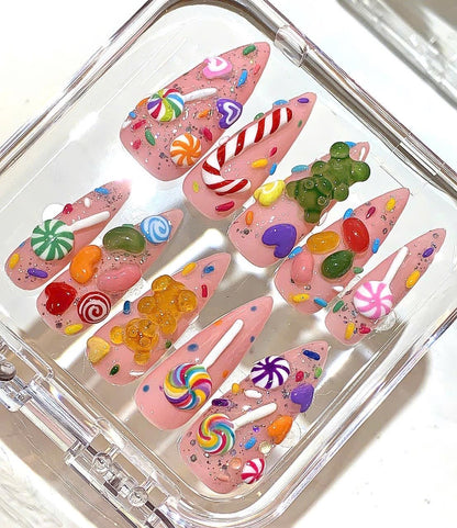 Candy Press On Nails | Gummy Bear & Lollipop Nails | Pink Sweet 3D Nail Art Set