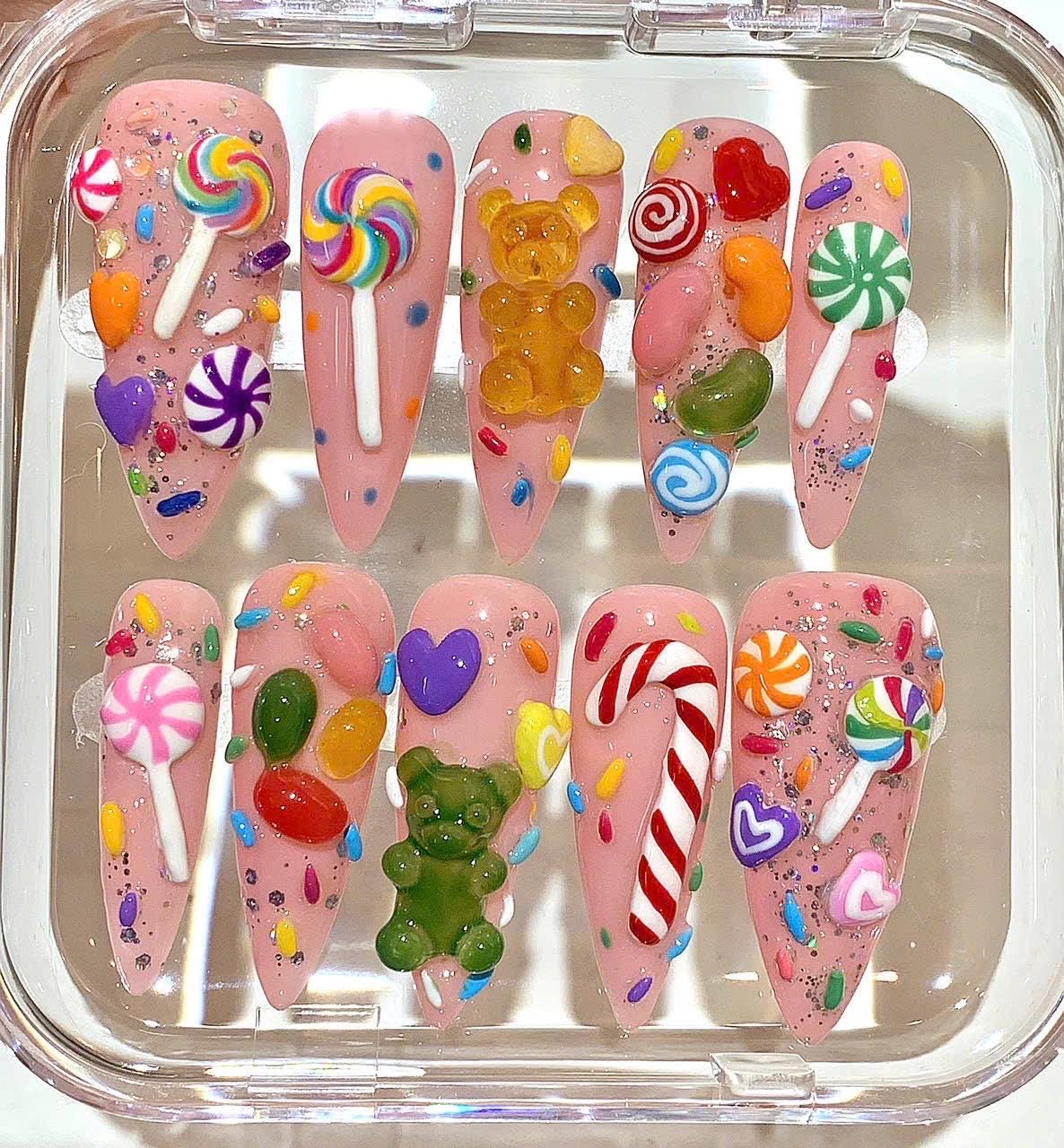 Candy Press On Nails | Gummy Bear & Lollipop Nails | Pink Sweet 3D Nail Art Set