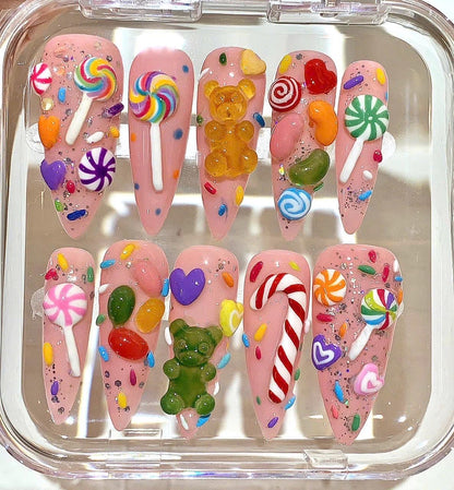 Candy Press On Nails | Gummy Bear & Lollipop Nails | Pink Sweet 3D Nail Art Set