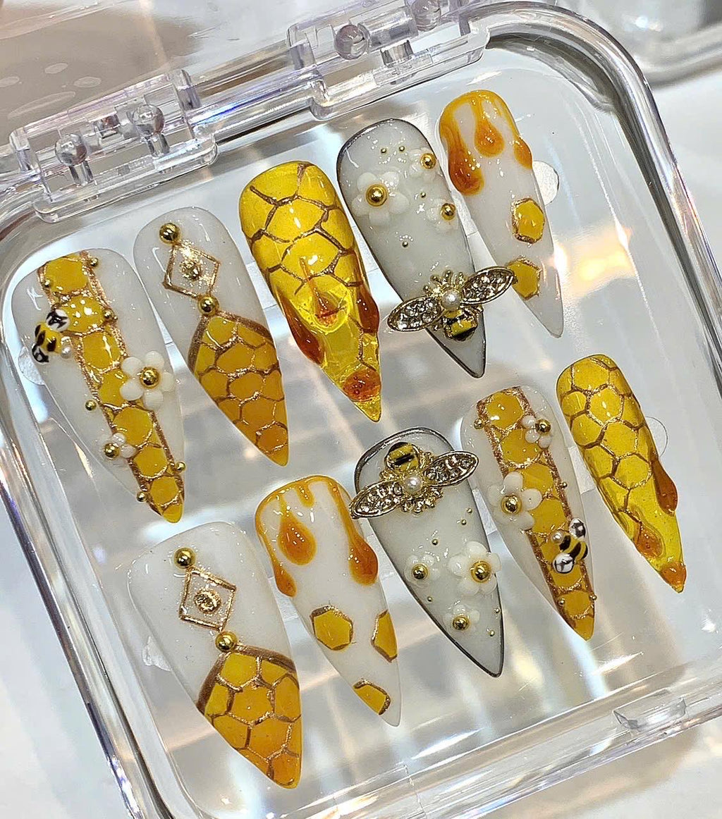 Honeycomb Bee Press On Nails | Amber Gold Drip Nails | 3D Honey Bee Nail Art