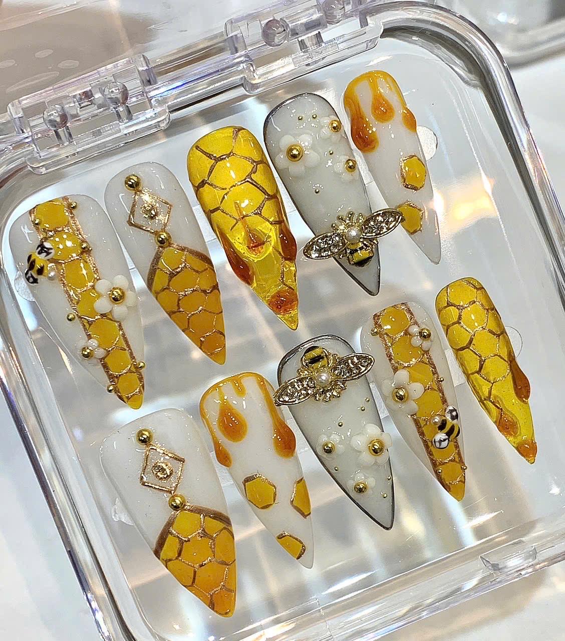 Honeycomb Bee Press On Nails | Amber Gold Drip Nails | 3D Honey Bee Nail Art