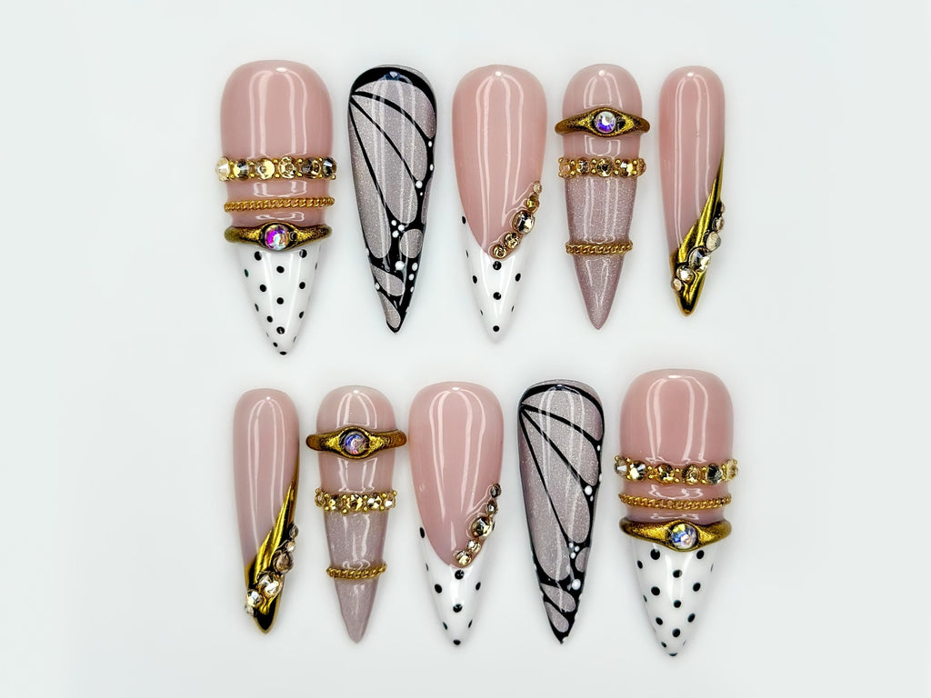Butterfly Elegance Luxury Press On Nails | Nude Gold Crystal Nail Set | Crystal Wing Nail Art | Spring Butterfly | JB269EC