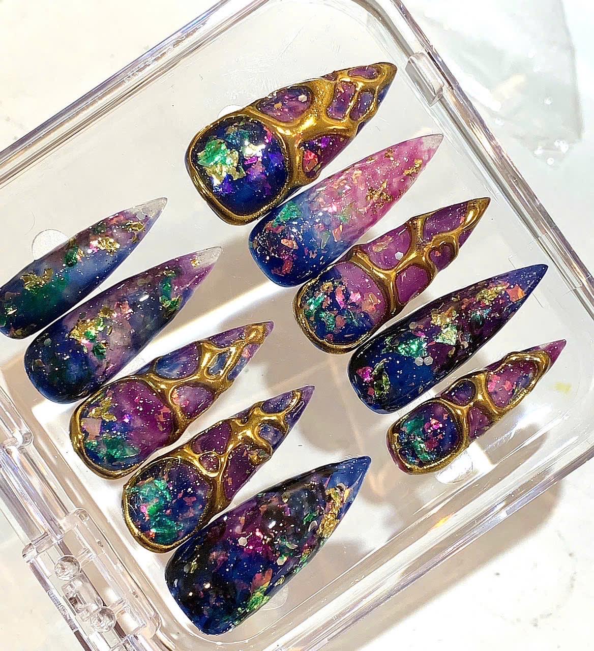 Galaxy Press On Nails | Cosmic Purple Blue Nails | Gold Vein Nail Art