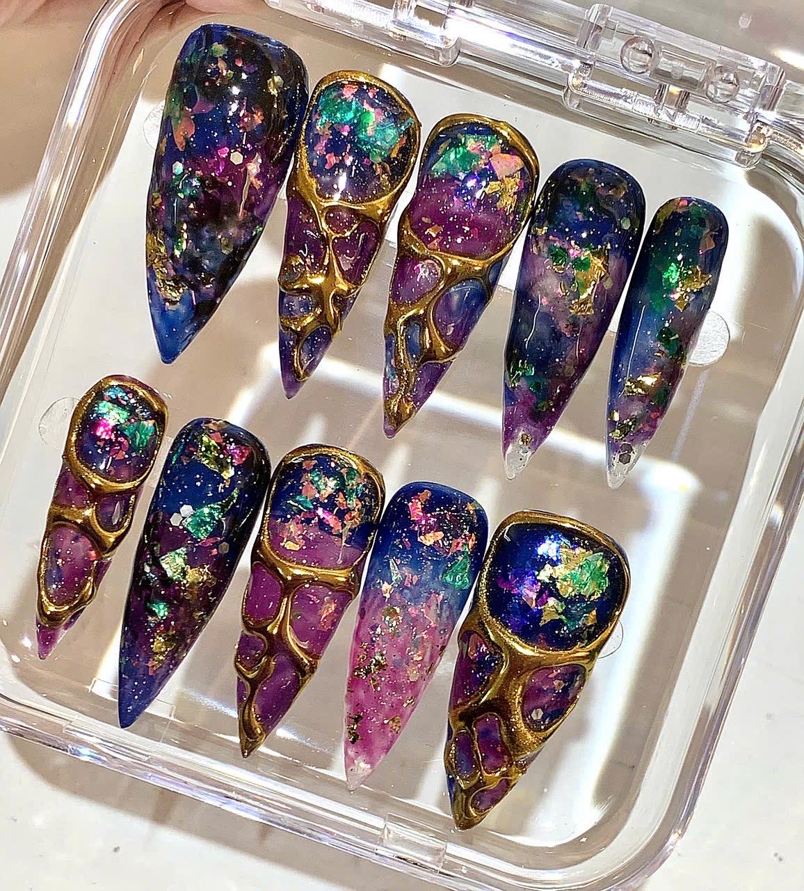 Galaxy Press On Nails | Cosmic Purple Blue Nails | Gold Vein Nail Art