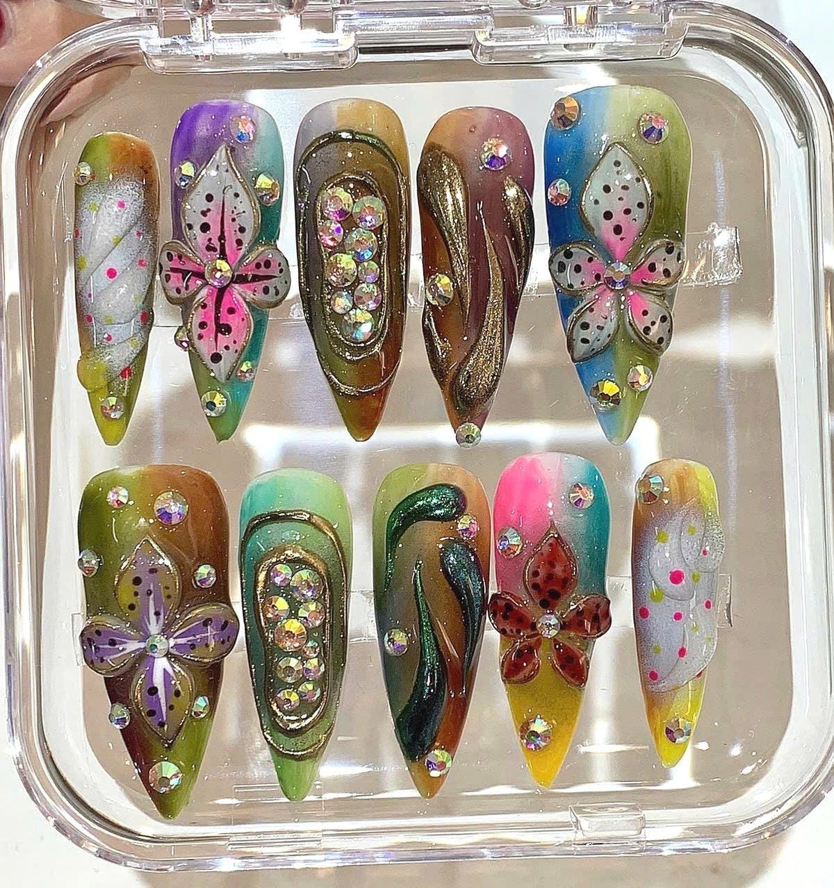 Boho Floral Press On Nails | Pastel Rainbow Nails | 3D Flower Nail Art
