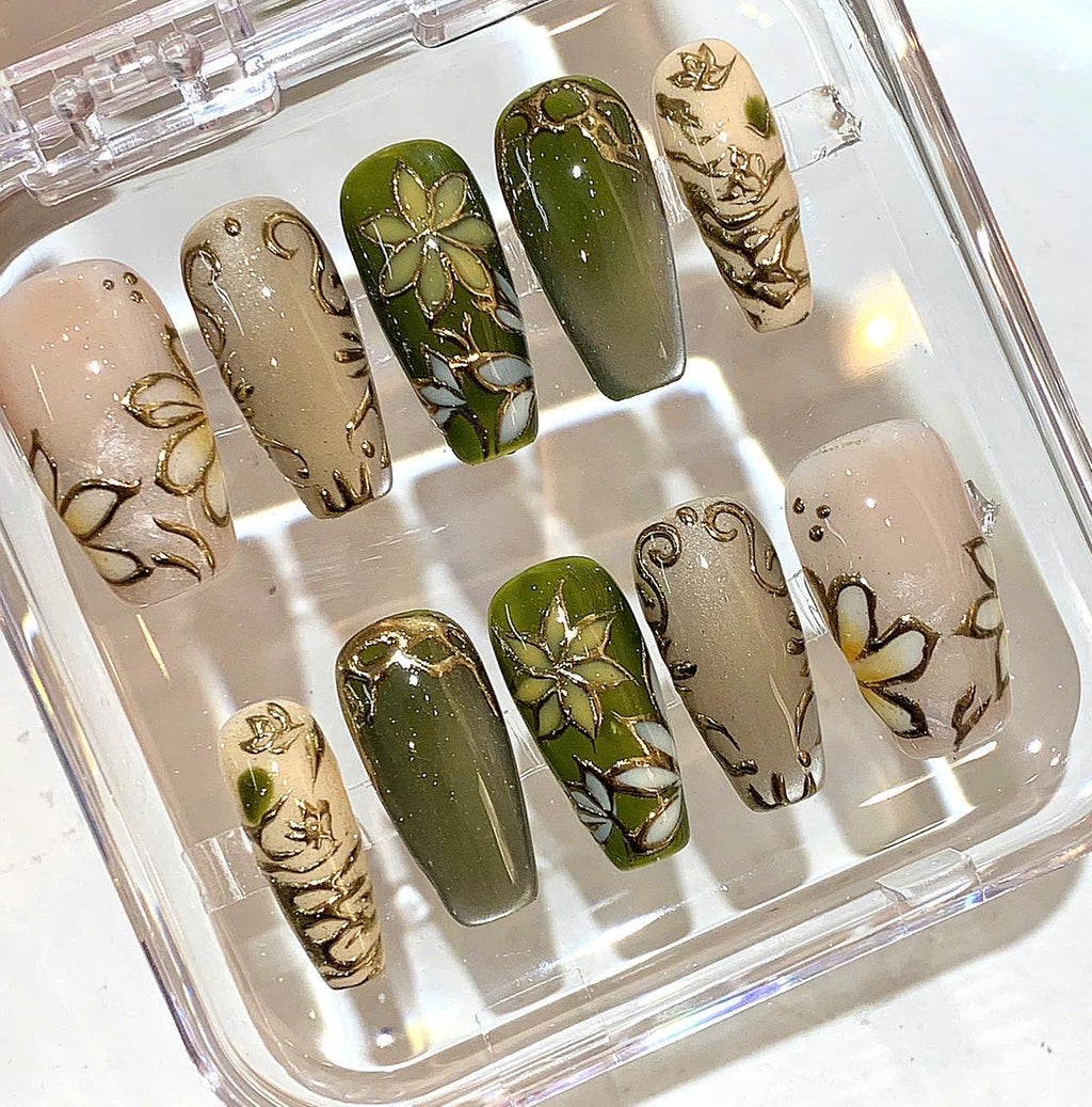 Olive Green Press On Nails | Botanical Floral Nails | Gold Line Art Nail Design