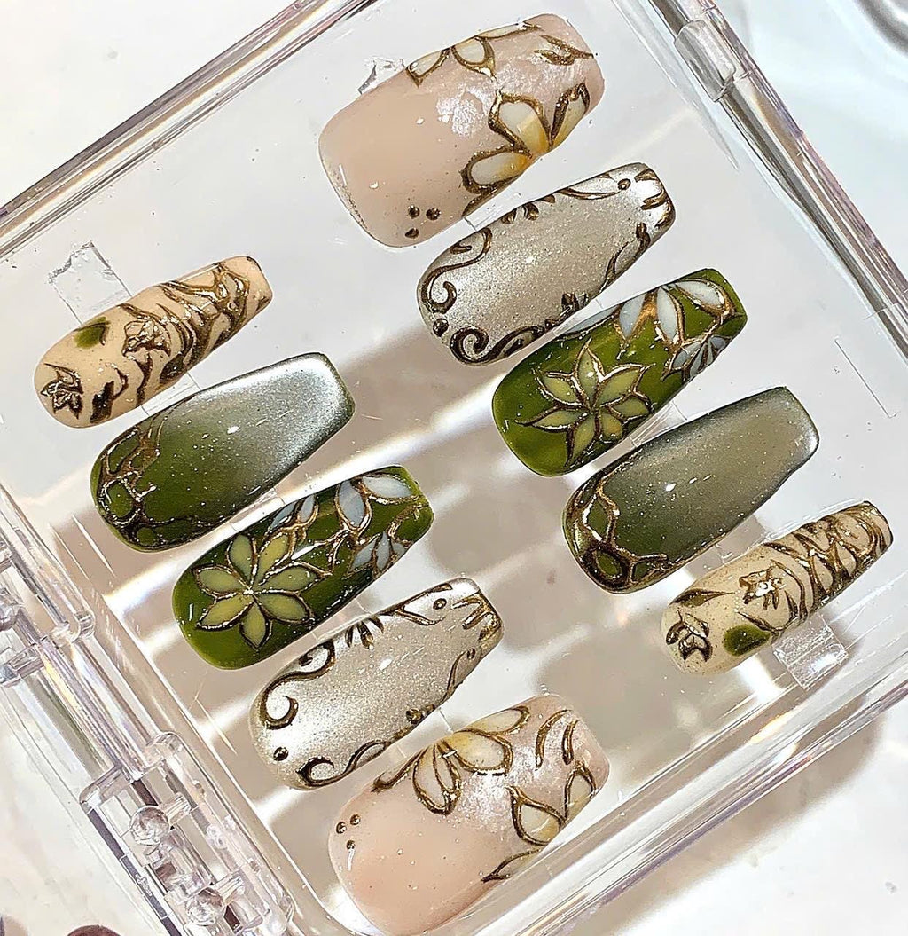 Olive Green Press On Nails | Botanical Floral Nails | Gold Line Art Nail Design
