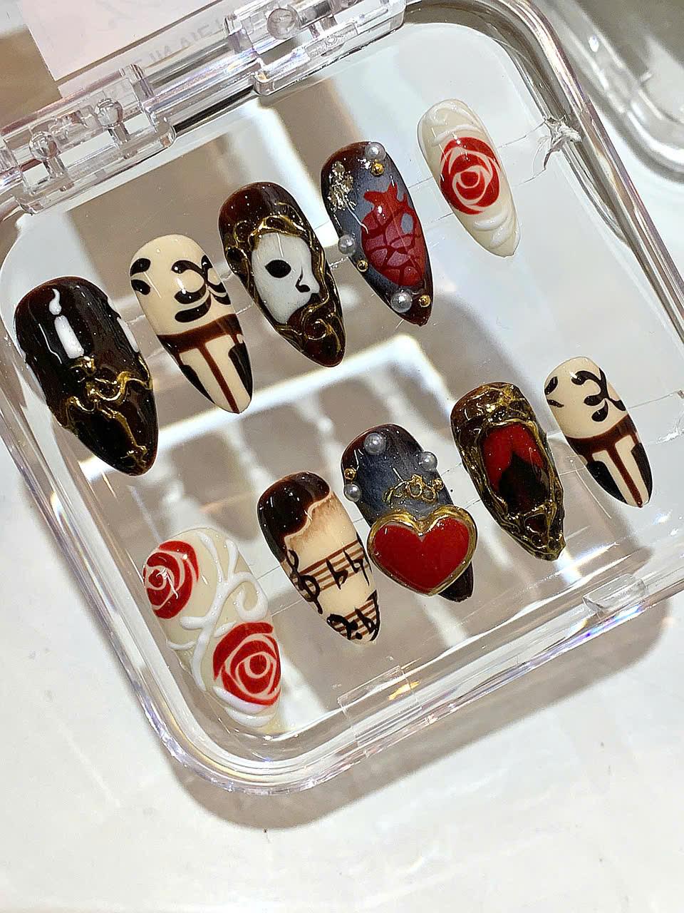 Phantom of the Opera Press On Nails: Gothic Rose Music Note Nail Art