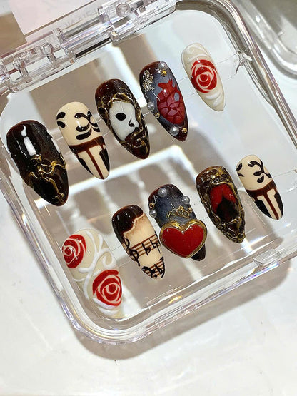 Phantom of the Opera Press On Nails: Gothic Rose Music Note Nail Art
