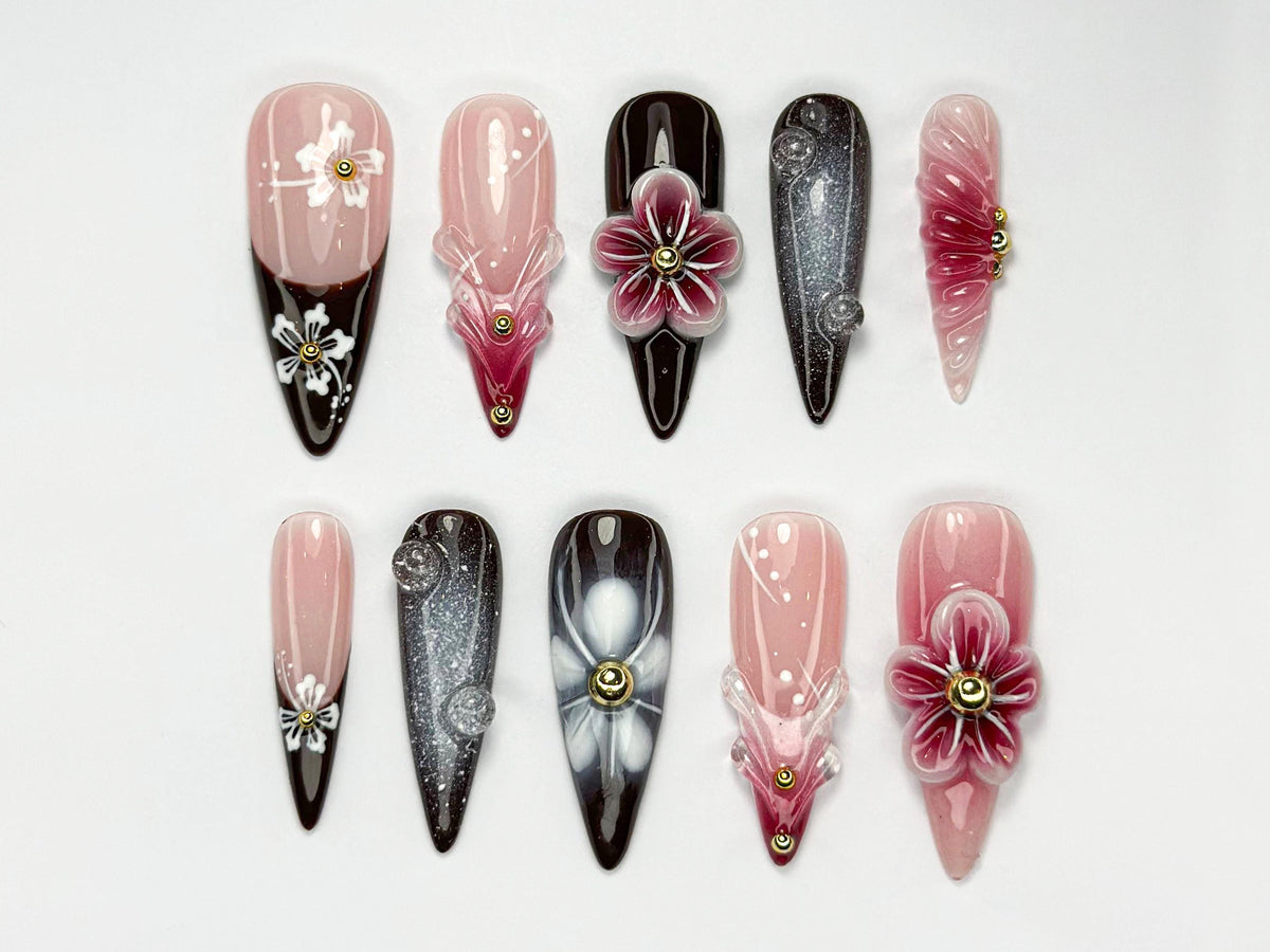 Elegant Red Floral Press On Nails | 3D Red Blossom Nail Set | Elegant Spring Nails | Glossy Floral Nail Set | Dark Glam Nails | JC756HC