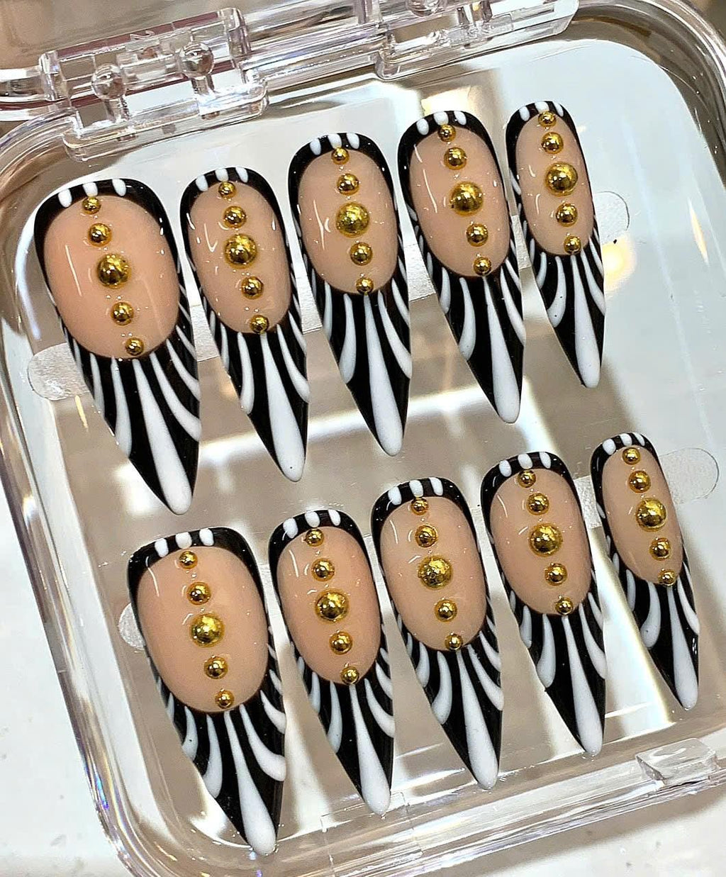 Handmade Zebra Stripe Press On Nails: Black, White & Gold