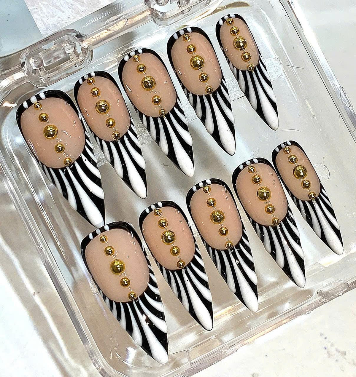 Handmade Zebra Stripe Press On Nails: Black, White & Gold