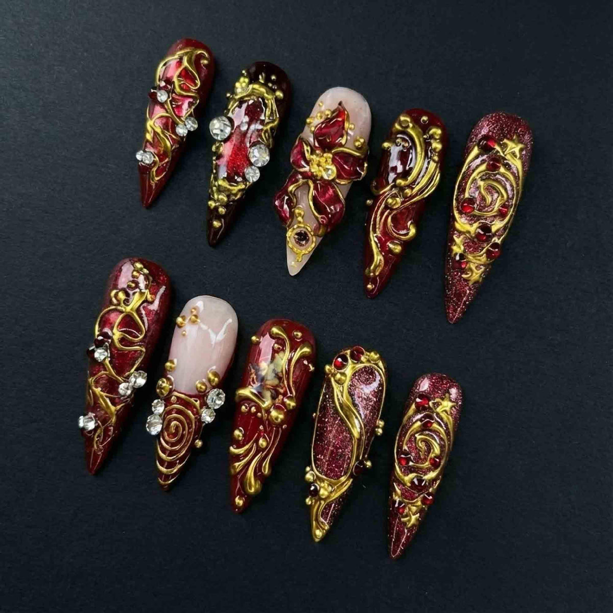 Handmade Red Baroque Press On Nails | Gold 3D Chrome, Glitter & Rhinestones | Long Stiletto For Luxury Party Vibes