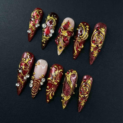 Handmade Red Baroque Press On Nails | Gold 3D Chrome, Glitter & Rhinestones | Long Stiletto For Luxury Party Vibes