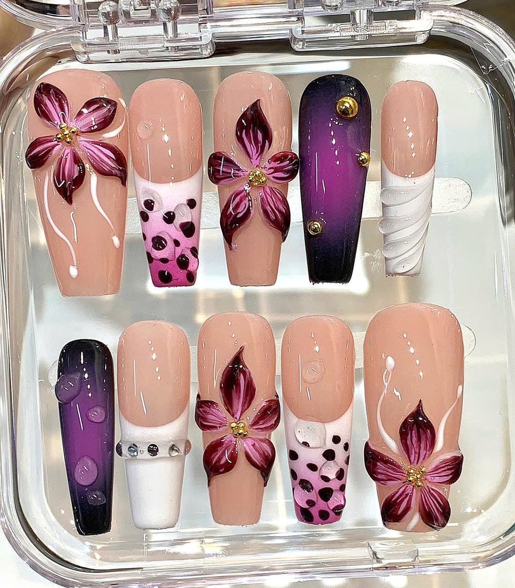 3D Floral Press On Nails | Burgundy Flower, Purple Ombre