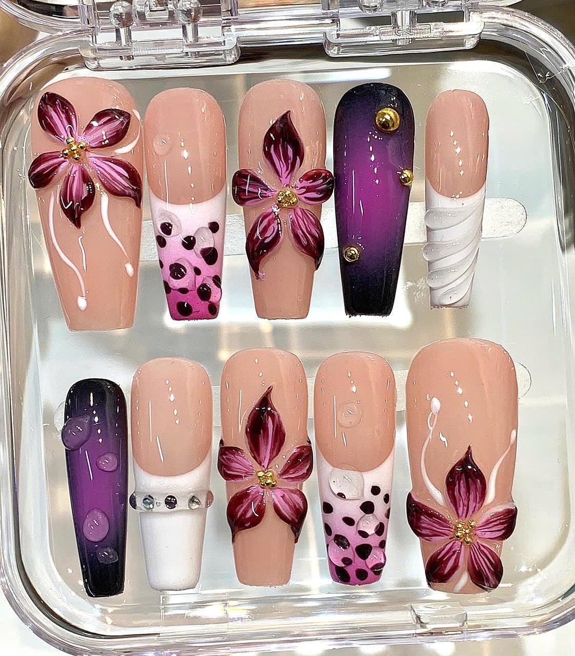 3D Floral Press On Nails | Burgundy Flower, Purple Ombre