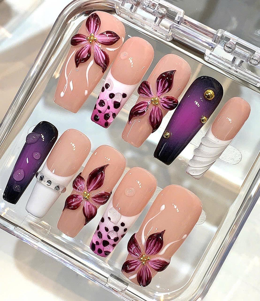 3D Floral Press On Nails | Burgundy Flower, Purple Ombre