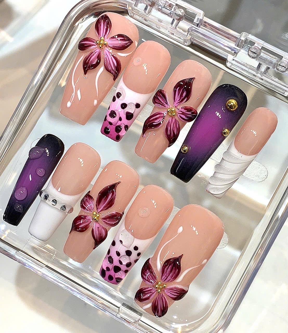 3D Floral Press On Nails | Burgundy Flower, Purple Ombre