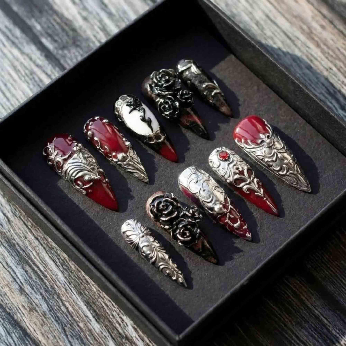 Handmade Gothic Baroque Press On Nails | 3D Silver Filigree, Gems & Black Roses | Long Stiletto For Dark Vampy Luxury Vibes