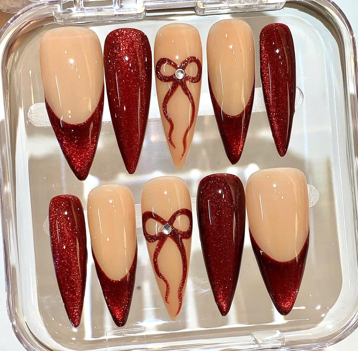 Red Glitter Bow Press On Nails – Nude Elegant Gift Nails