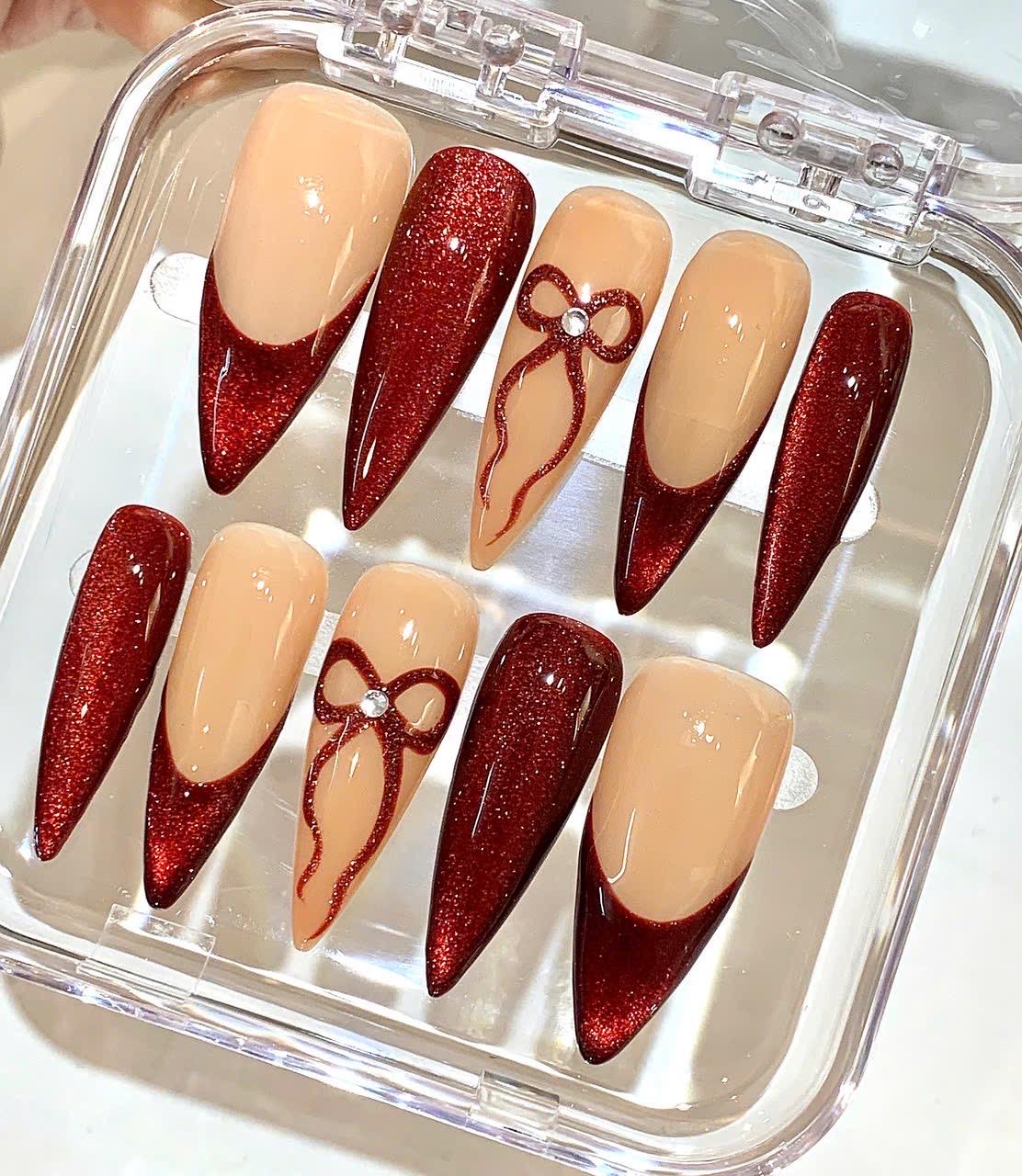 Red Glitter Bow Press On Nails – Nude Elegant Gift Nails