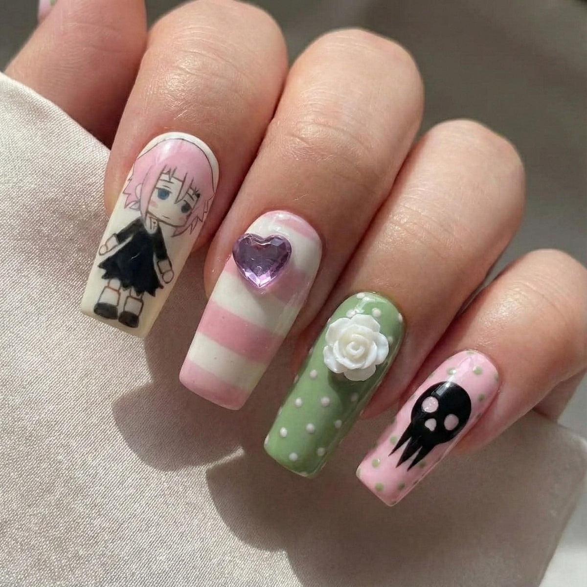 Crona & Maka Anime Press On Nails | Soul Eater Anime Nail Art | Kawaii Horror Nail Design | Long Coffin Statement Nails | JB271H