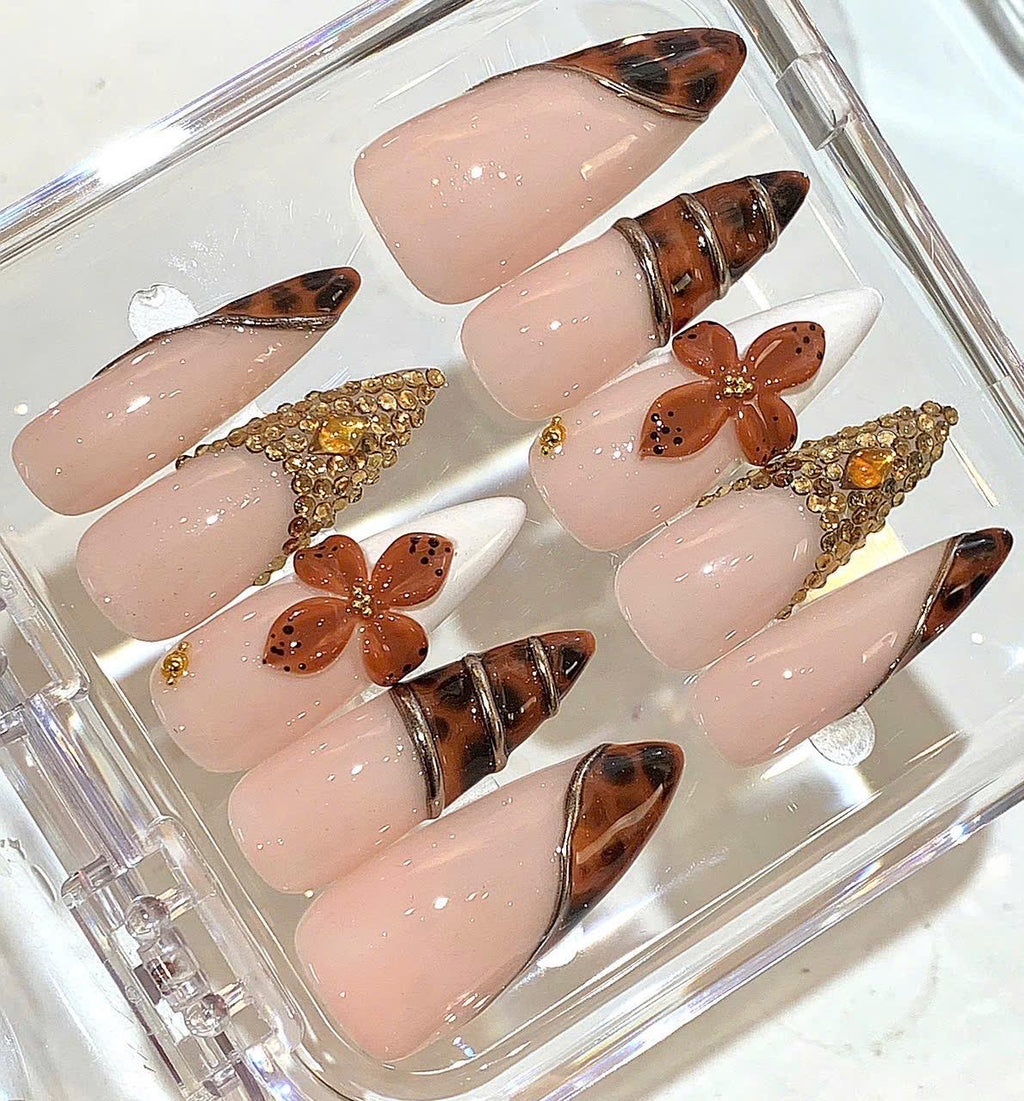 Nude Brown Press On Nails | Tortoiseshell Floral Nails | 3D Flower Rhinestone Nails
