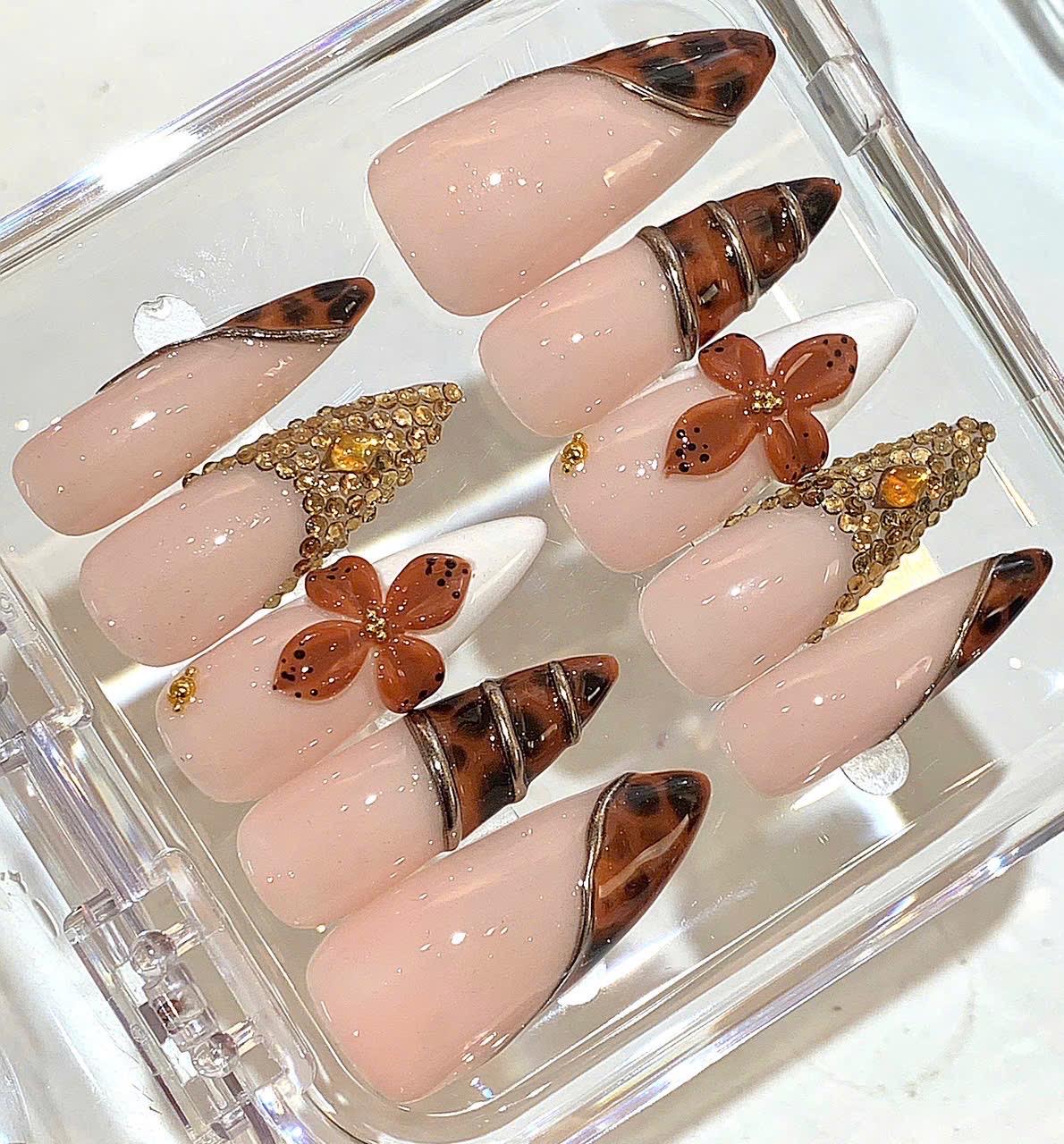 Nude Brown Press On Nails | Tortoiseshell Floral Nails | 3D Flower Rhinestone Nails