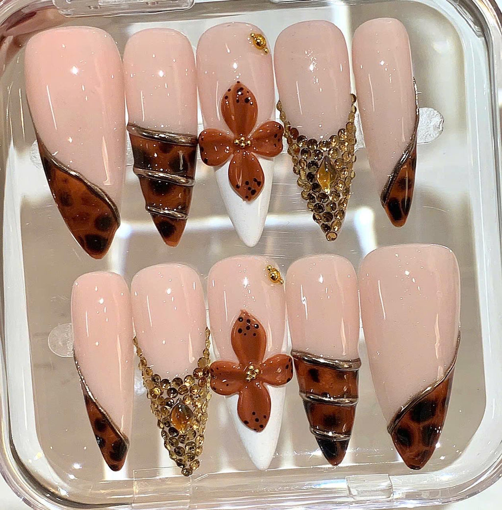 Nude Brown Press On Nails | Tortoiseshell Floral Nails | 3D Flower Rhinestone Nails
