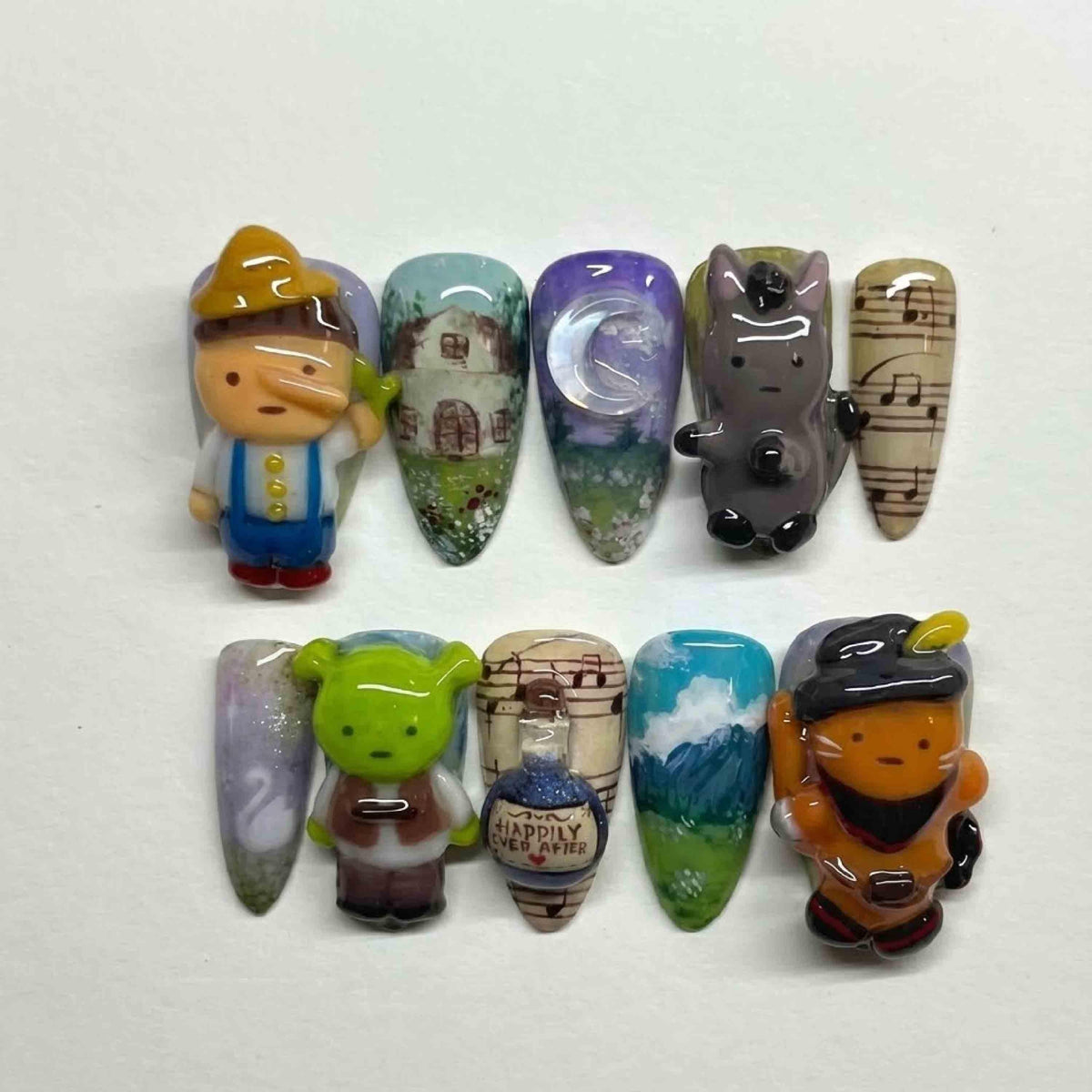 Handmade Shrek 3D Character Press On Nails | Hand Painted Fairytale Art | Long Almond For Cute Y2K Nostalgia Vibes