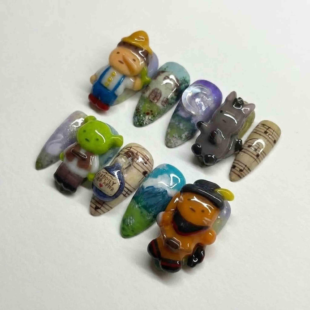 Handmade Shrek 3D Character Press On Nails | Hand Painted Fairytale Art | Long Almond For Cute Y2K Nostalgia Vibes