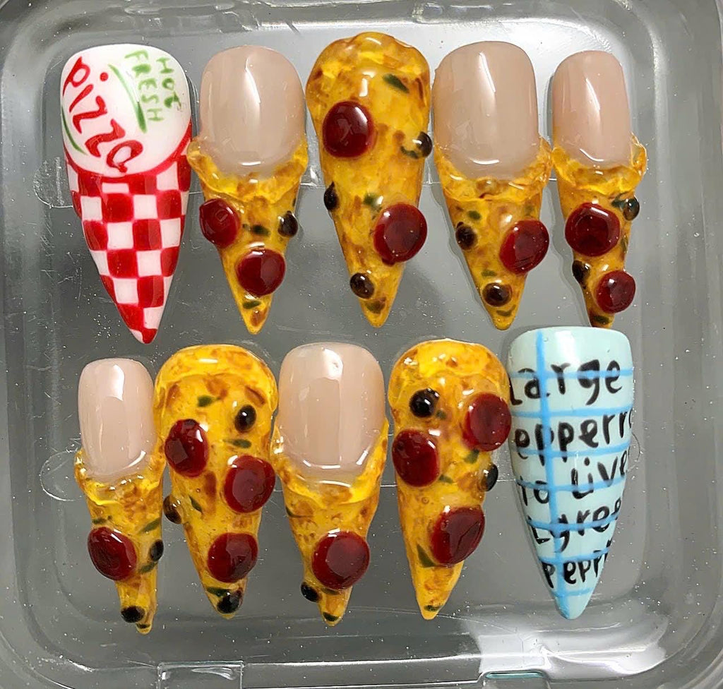 3D Pizza Press On Nails: Handmade Food Nail Art Set