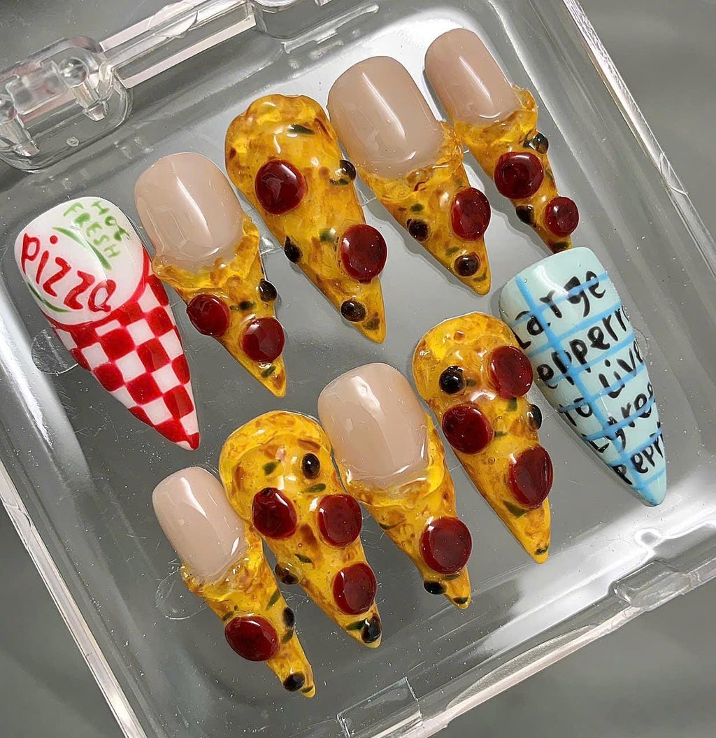 3D Pizza Press On Nails: Handmade Food Nail Art Set