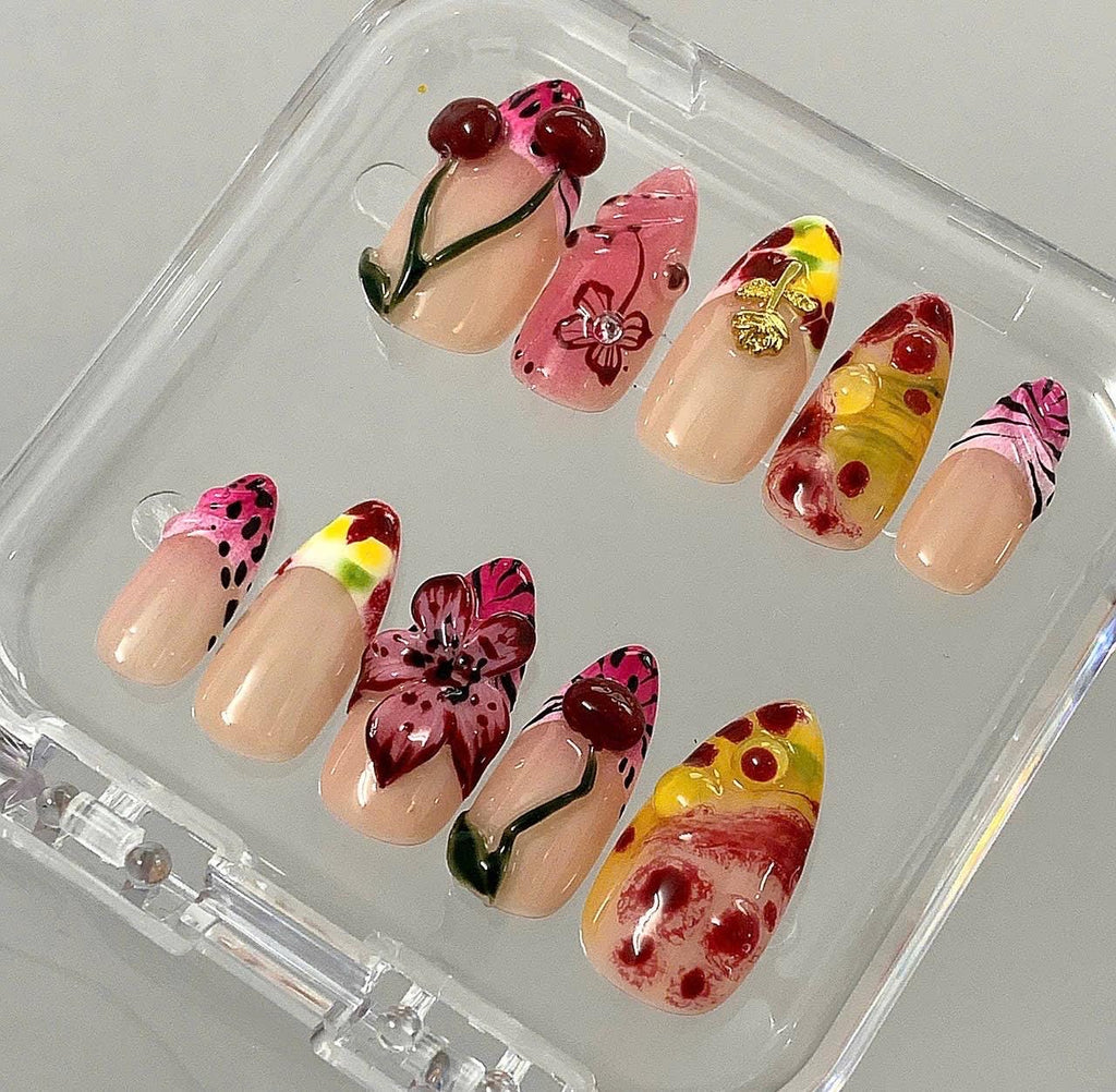 Cherry Floral Press On Nails | Nude Pink Fruit Nails | 3D Flower Sweet Nails