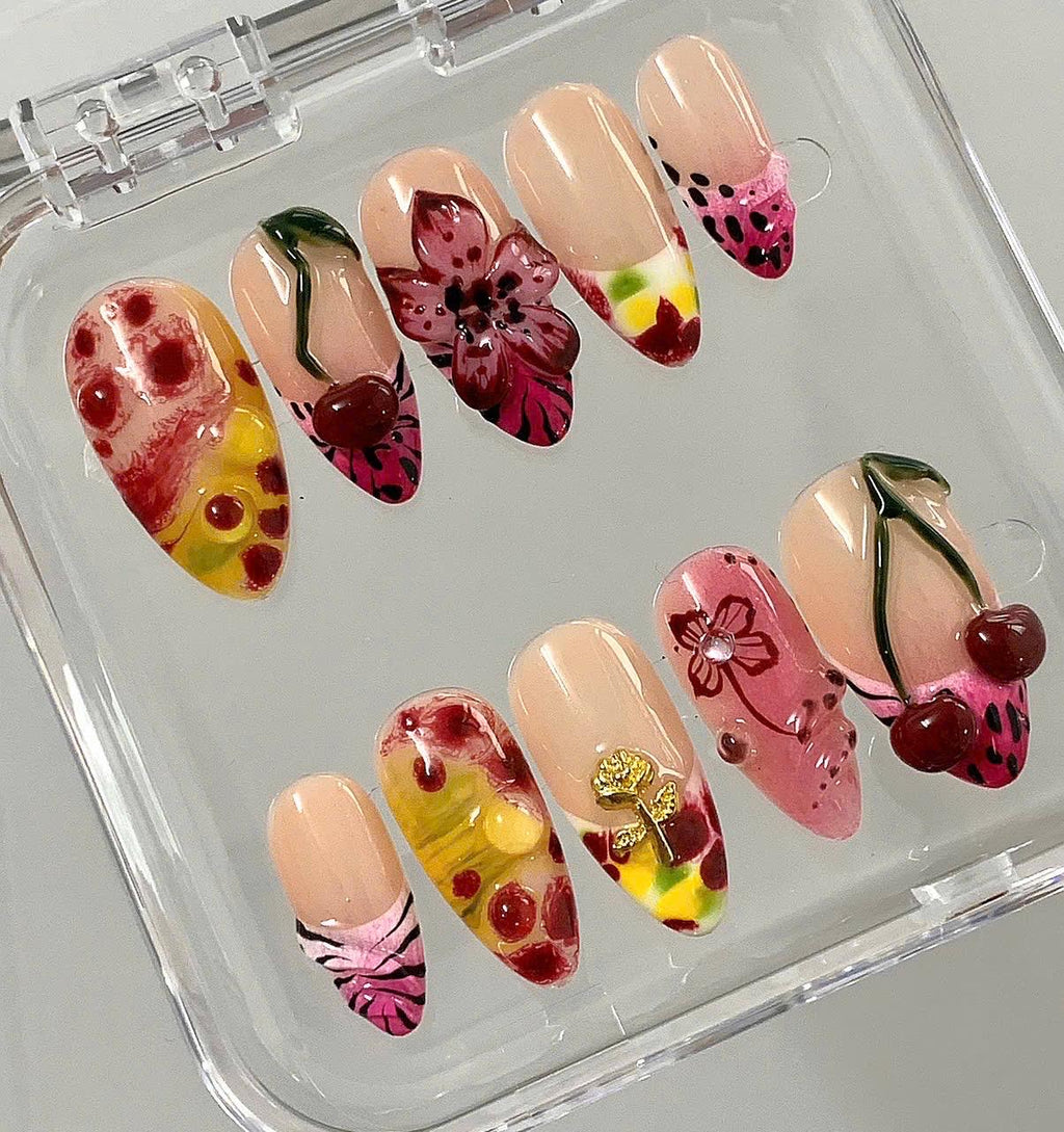 Cherry Floral Press On Nails | Nude Pink Fruit Nails | 3D Flower Sweet Nails