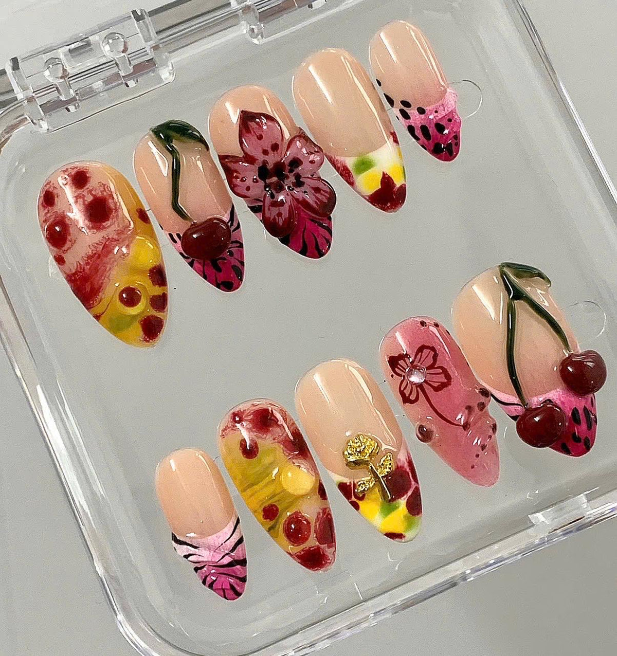 Cherry Floral Press On Nails | Nude Pink Fruit Nails | 3D Flower Sweet Nails