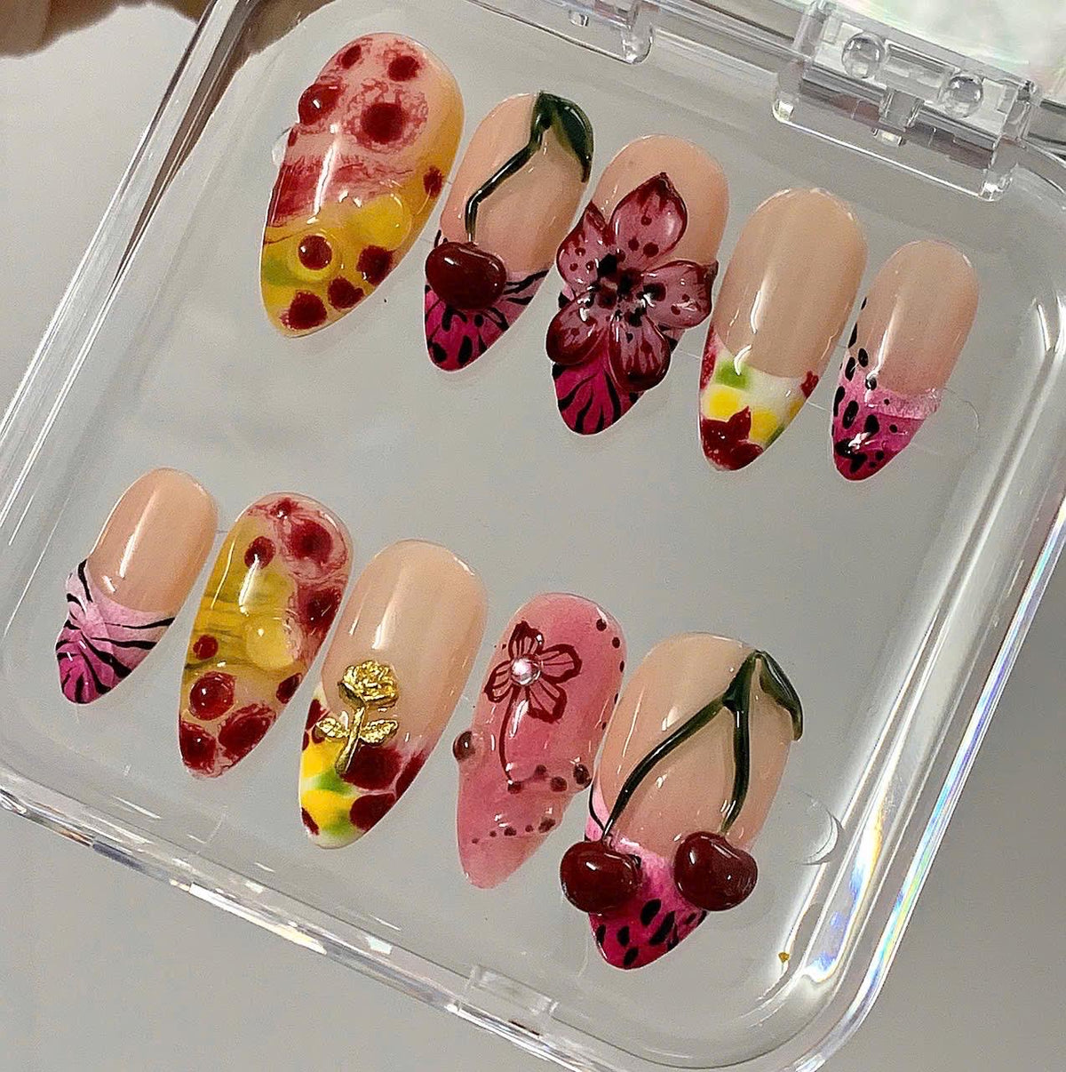 Cherry Floral Press On Nails | Nude Pink Fruit Nails | 3D Flower Sweet Nails