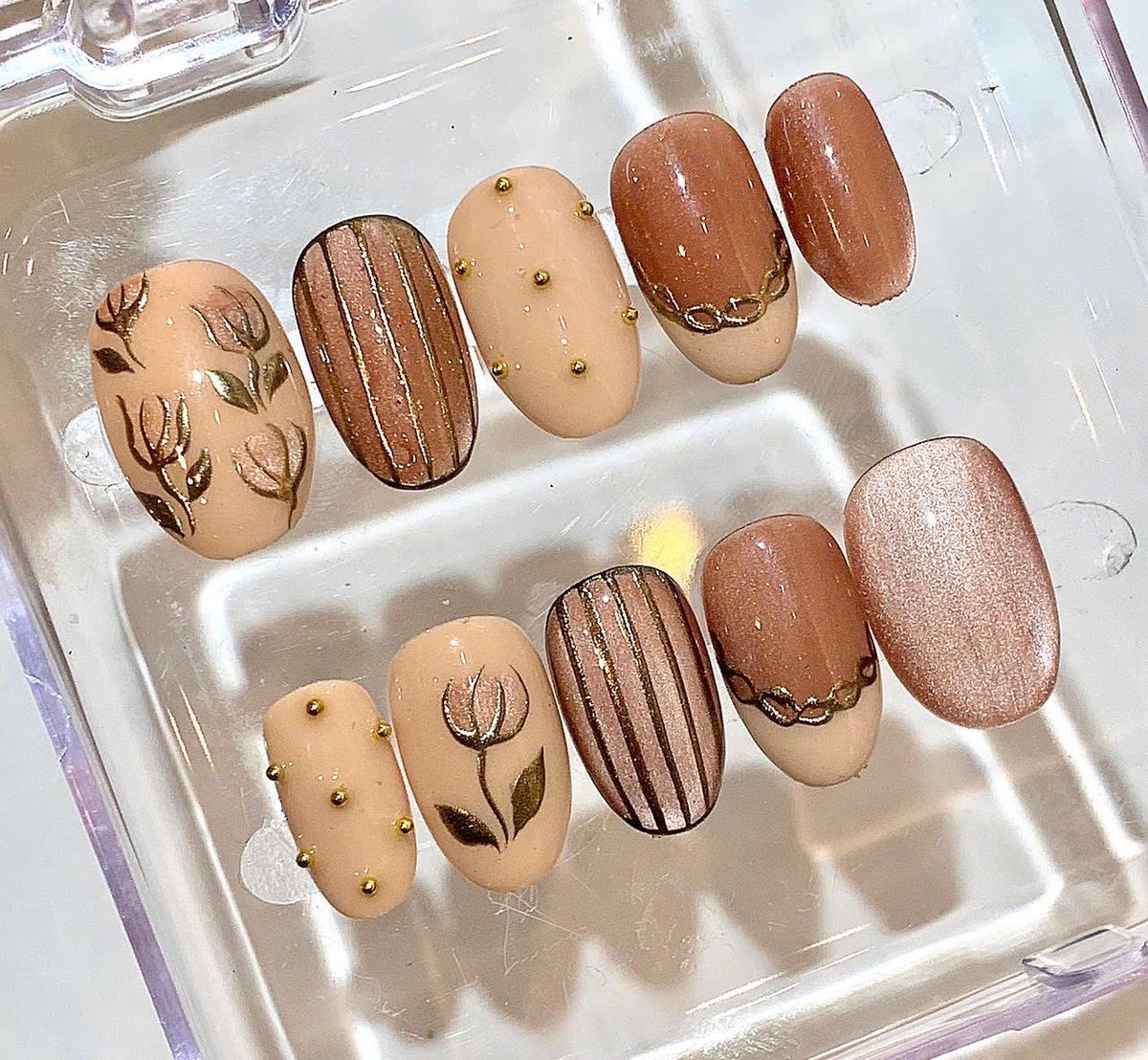 Nude Brown Press On Nails | Floral Hand Painted Nails
