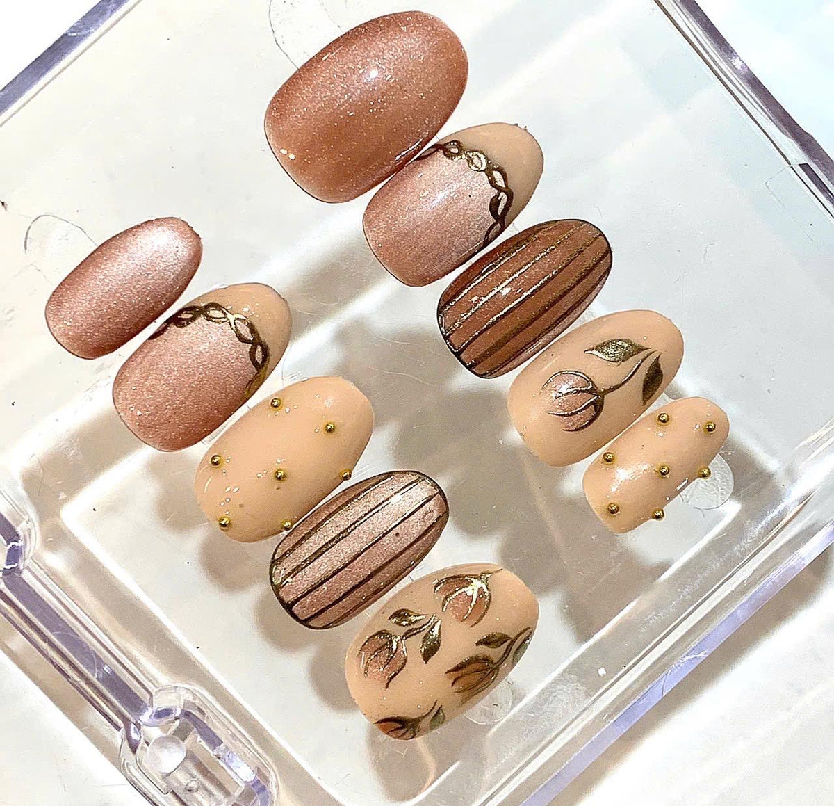 Nude Brown Press On Nails | Floral Hand Painted Nails