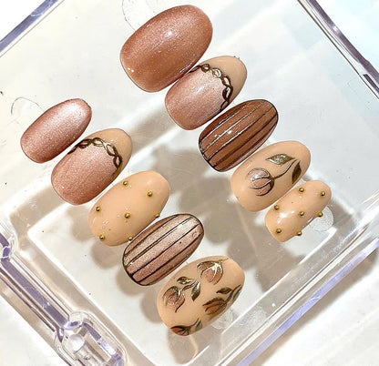 Nude Brown Press On Nails | Floral Hand Painted Nails