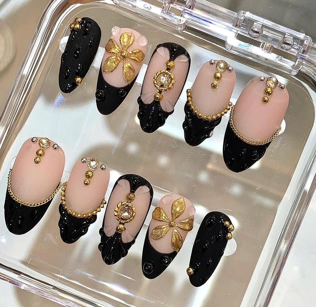 Black Gold Luxury Press On Nails | Nude French Tip Nails